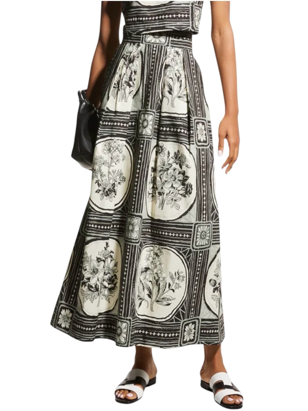 Lela Rose Medallion Floral Print Black and White Cotton Pleated Midi Skirt 12